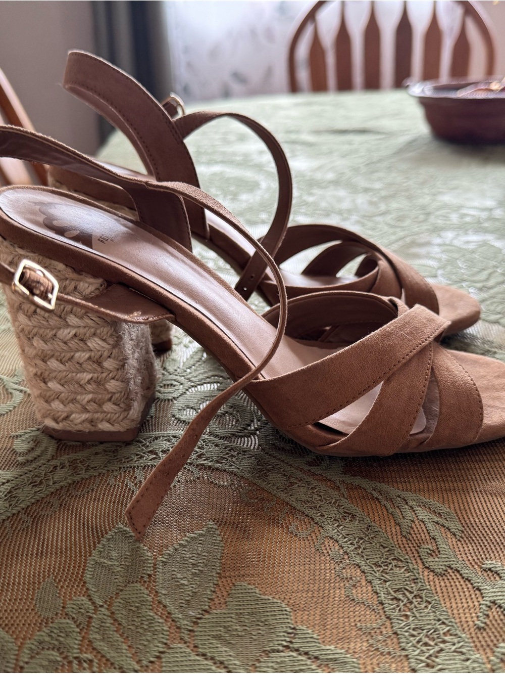 Fergalicious Tan Suede Braided Block Heel Sandals